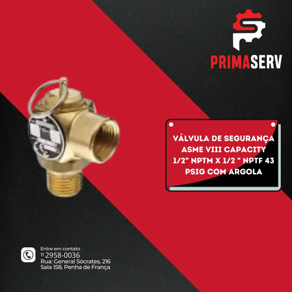 VÁLVULA DE SEGURANÇA ASME VIII CAPACITY 1/2" NPTM X 1/2 " NPTF 43 PSIG COM ARGOLA