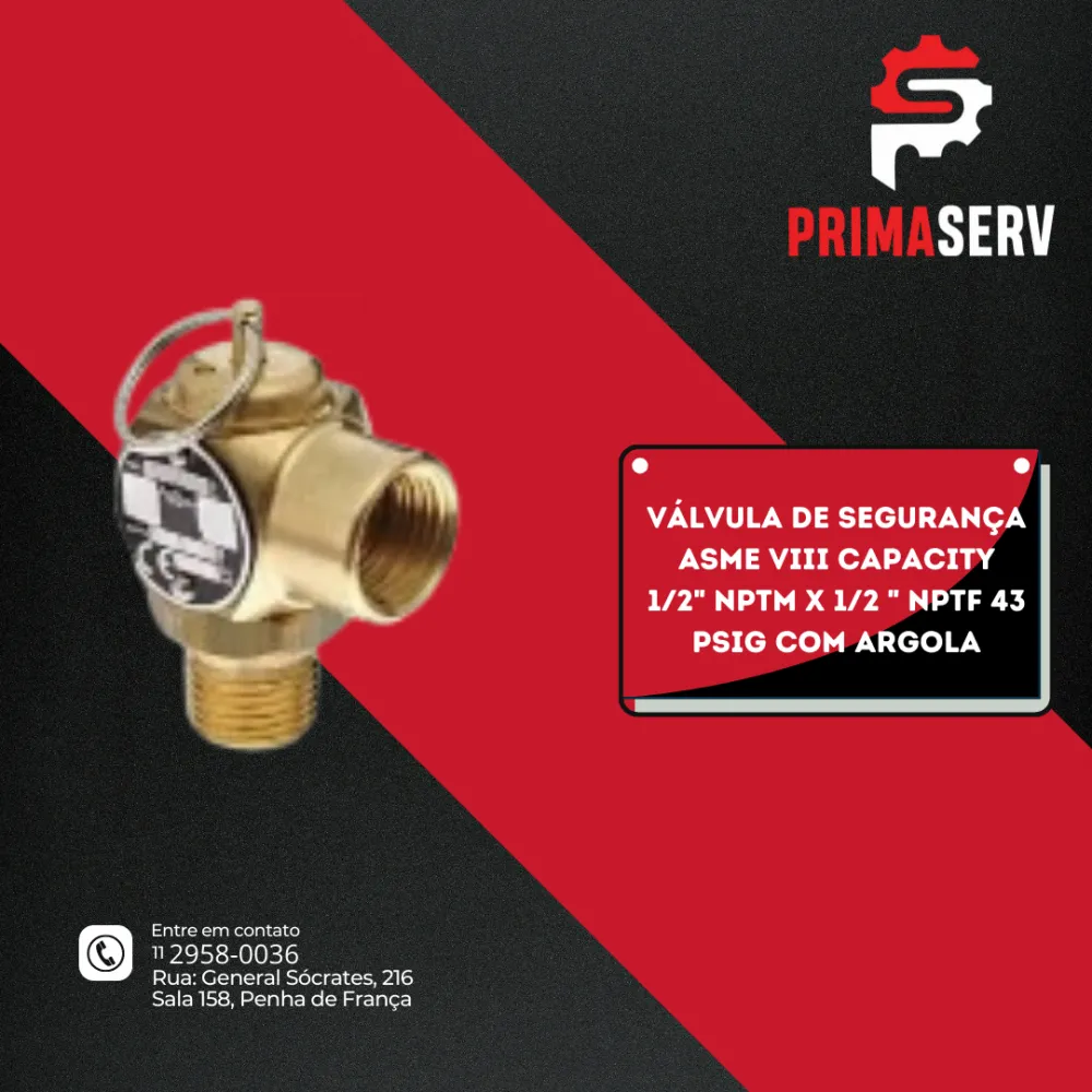 VÁLVULA DE SEGURANÇA ASME VIII CAPACITY 1/2" NPTM X 1/2 " NPTF 43 PSIG COM ARGOLA