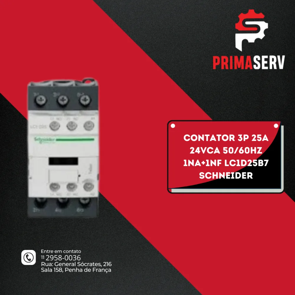 CONTATOR 3P 25A 24VCA 50/60HZ 1NA+1NF LC1D25B7 SCHNEIDER
