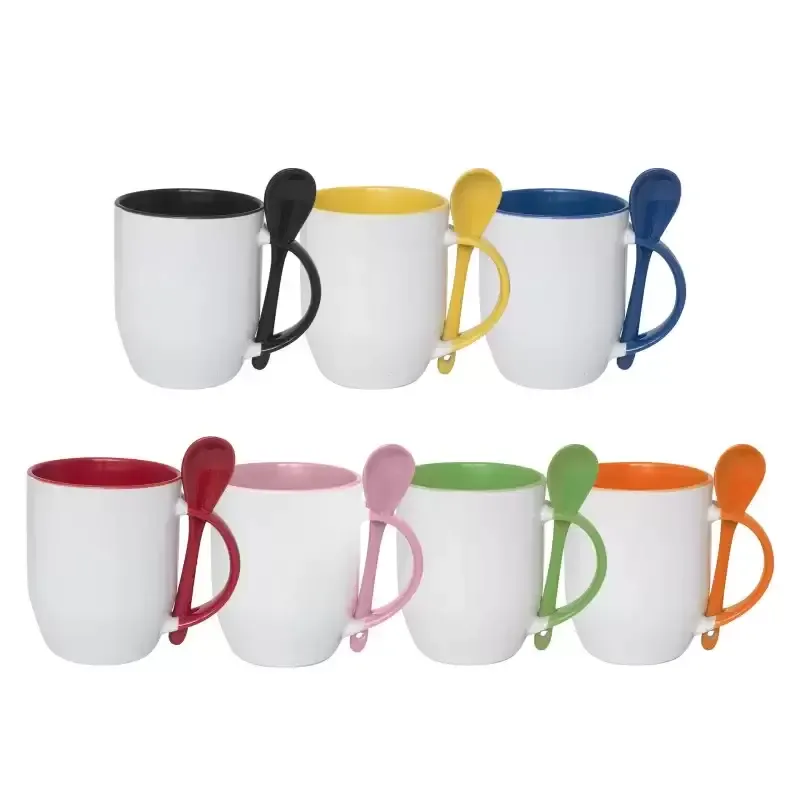 CANECA CERAMICA  325ML CONICA  INTERNA ALÇA VERMELHA  COM COLHER -JKB