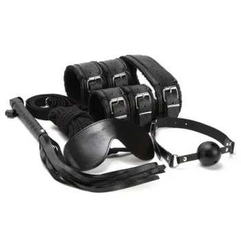 Kit Sado Erótico Bondage Preto Sintético com Pelúcia - 8122