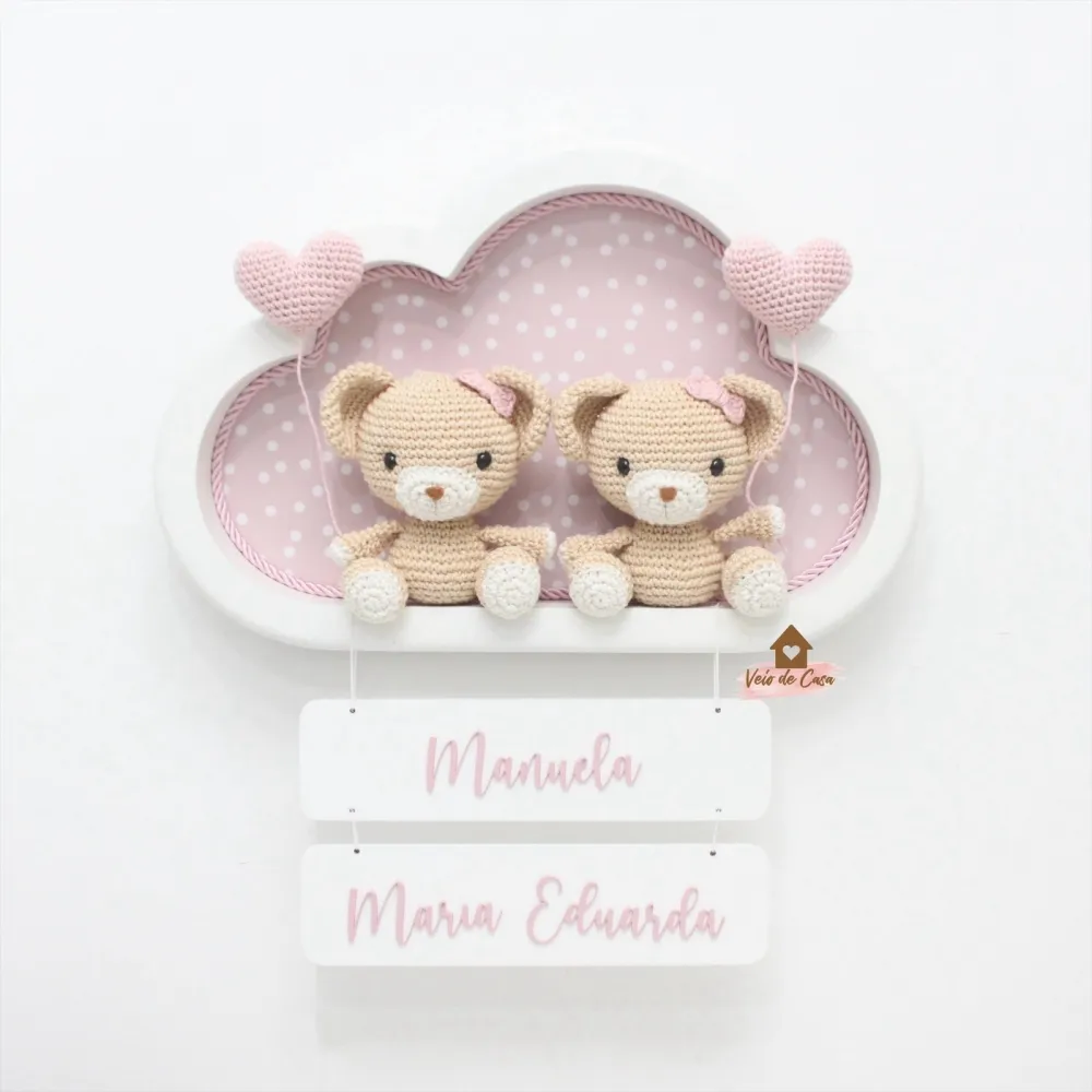 Ursinhas Gêmeas - 2 corações - Nuvem G  Branca - Porta Maternidade