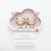 Ursinhas Gêmeas - 2 corações - Nuvem G  Branca - Porta Maternidade