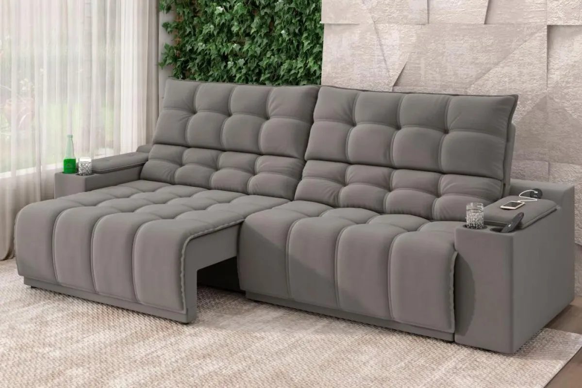 Sofá Connect Premium 2,00m Assento Retrátil/Reclinável com porta copos e entrada USB Suede  Imagem