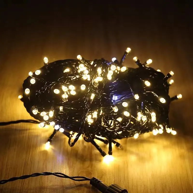 Cordão Pisca Externo Fixo 100 Led Branco Quente - Fio Verde Macho e Femia 10 metros