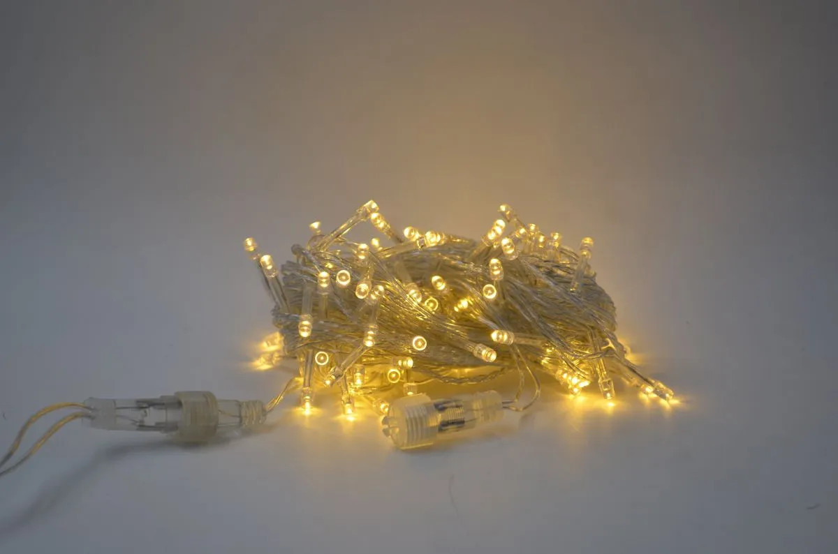 Cordão Pisca Externo Fixo 100 Led Branco Quente - Fio Cristal Macho e Femia 10 metros