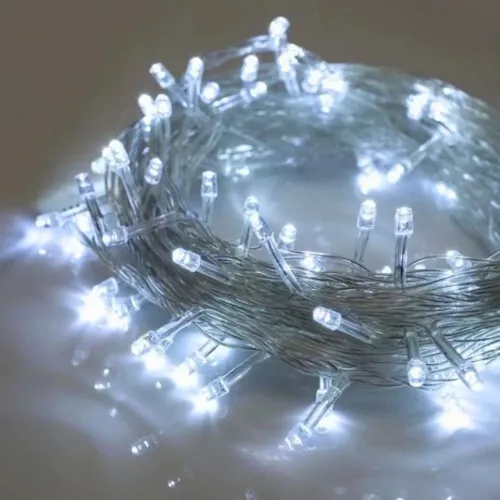 Pisca Cordao Externo Fixo 100 Led Branco Frio - Fio Cristal Macho e Femia 10 metros Imagem