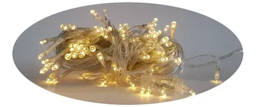 Cordão Pisca Externo Fixo 100 Led Branco Quente - Fio Cristal Macho e Femia 10 metros