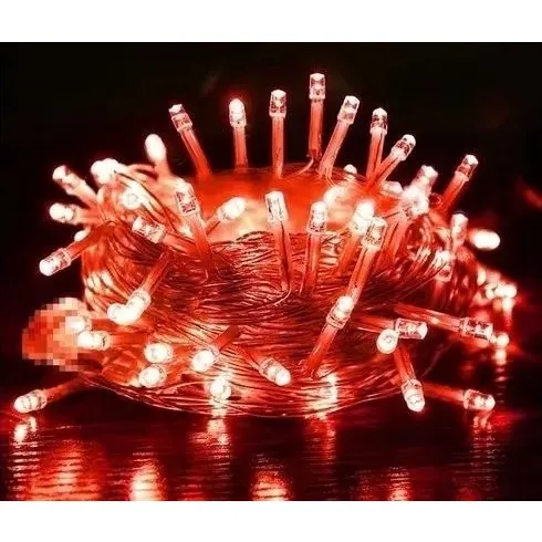 Cordão Pisca Externo Fixo 100 Led VERMELHO - Fio Cristal Macho e Femia 10 metros Imagem