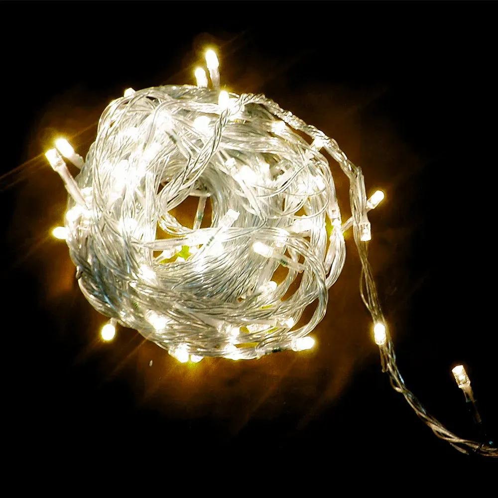 Cordão Pisca Externo Fixo 300 Led Branco quente morno - Fio reforçado transparente Macho e Femia 30 metros