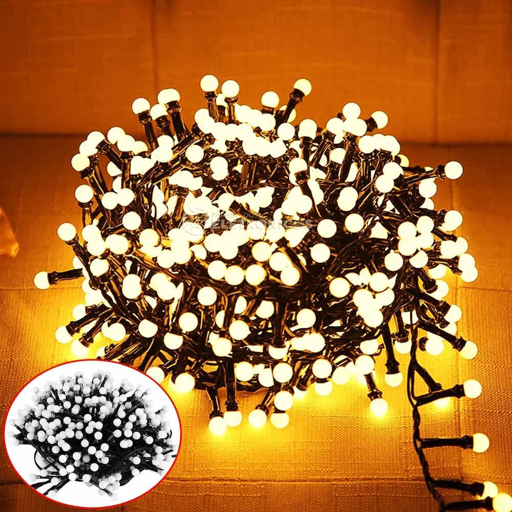 Cordão Pisca Externo Fixo 1000 Led Branco quente morno - Fio reforçado VERDE Macho e Femia 90 metros Imagem