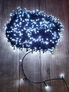 Cordão Pisca Externo Fixo 300 Led Branco FRIO - Fio reforçado VERDE Macho e Femia 30 metros