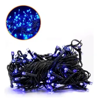 Cordao Pisca Externo Fixo 100 Led AZUL - Fio Verde Macho e Femia 10 metros