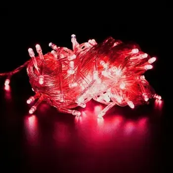 Cordão Pisca Externo Fixo 100 Led VERMELHO - Fio Cristal Macho e Femia 10 metros