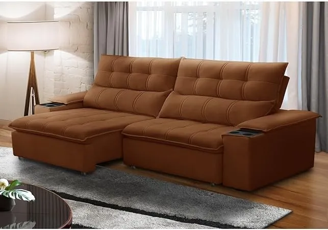 Sofá Retrátil e Reclinável 4 Lugares 250cm com Porta Copos e Objetos Bulgária Terracota