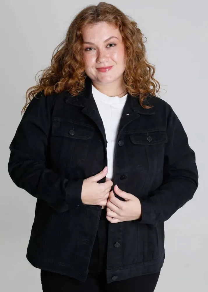Jaqueta Maxi Jeans Sawary Feminina Preta Imagem