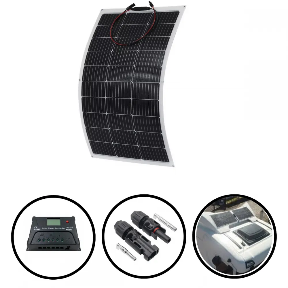 Kit 1 Painel  SOLAR 160W Flexível Monocristalino + Controlador PWM + MC4
