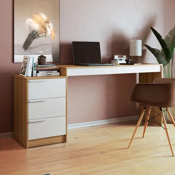 Mesa de Computador 3 Gavetas Lâmina Mel/Branco - BRV Móveis - BC 98 Imagem