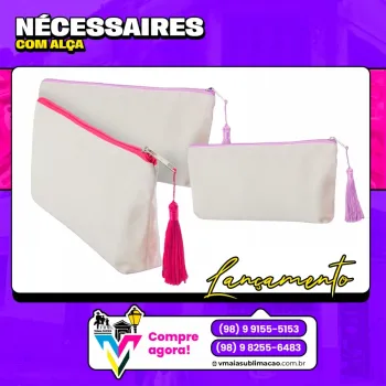 NECESSARIE BEGE POLIESTER C/ ZIPER E ALÇA COLORIDA 15X24CM