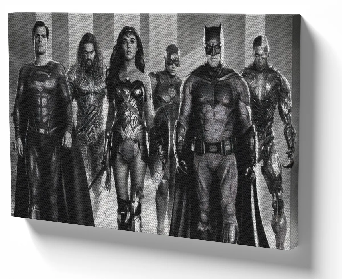 Quadro decorativo tela Liga da justiça preto e branco