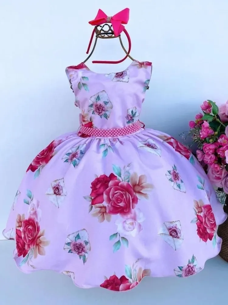 Vestido Floral Rosa Envelope Miss Cherry + Tiara  Brinde