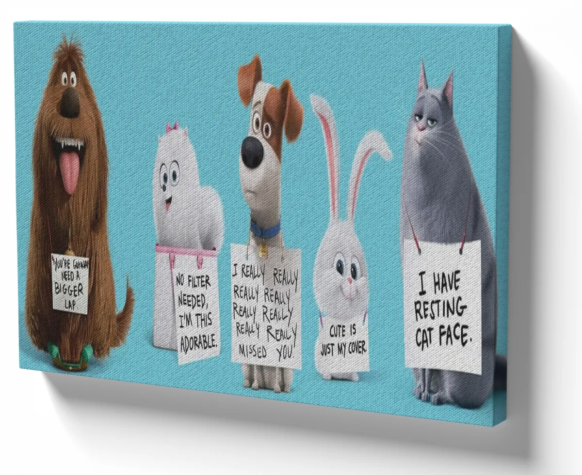 Quadro decorativo tela Pets movie cachorro gato azul