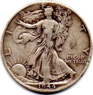 Estados Unidos - 1944D - 50 Cents - Half Dollar - Walking Liberty - Prata .900 - Aprox. 12,5g - 30,6mm - C/ Mossa Imagem