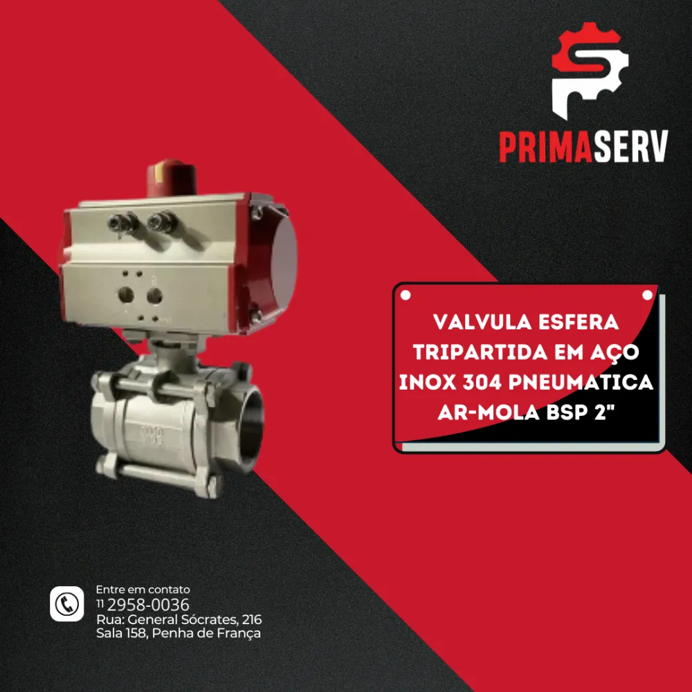 VALVULA ESFERA TRIPARTIDA EM AÇO INOX 304 PNEUMATICA AR-MOLA BSP 2"