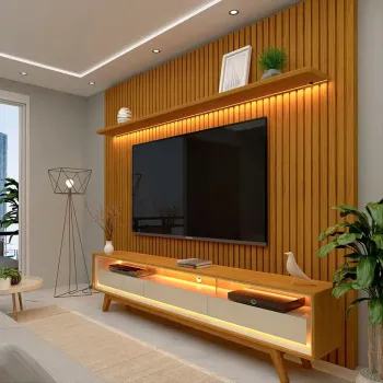 Rack com Painel Ripado para TV até 85 Polegadas LED 3 Gavetas com Pés 230cm GELIUS