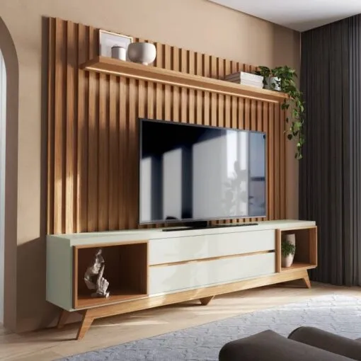 Painel + Rack até 75? Aurora TB343F Off White/Freijó – DALLA COSTA Imagem