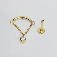 Labret em Titânio PVD DOURADO 1.2mm - BARRA CURVA e  CORRENTE com PEDRA FLAT TIT22 - Foto 2