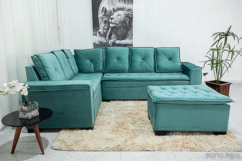 Sofá Canto 5 lugares com Puff Alemanha Veludo Verde Tiffany A40 Imagem
