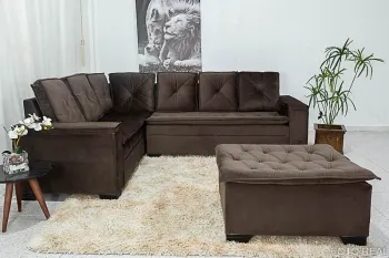Sofá Canto 5 lugares com Puff Alemanha Veludo Marrom A17 - Foto 2