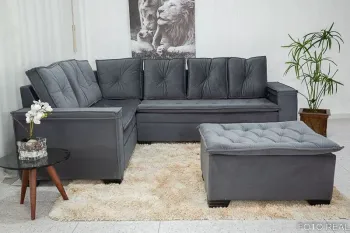 Sofá Canto 5 lugares com Puff Alemanha Veludo Grafite A15 - Foto 2
