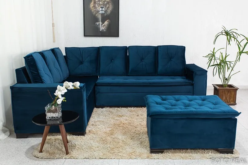 Sofá Canto 5 lugares com Puff Alemanha Veludo Azul A16 Imagem
