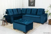 Sofá Canto 5 lugares com Puff Alemanha Veludo Azul A16 - Foto 2