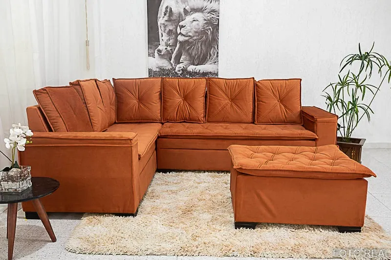 Sofá Canto 5 lugares com Puff Alemanha Veludo Terracota A33 Imagem