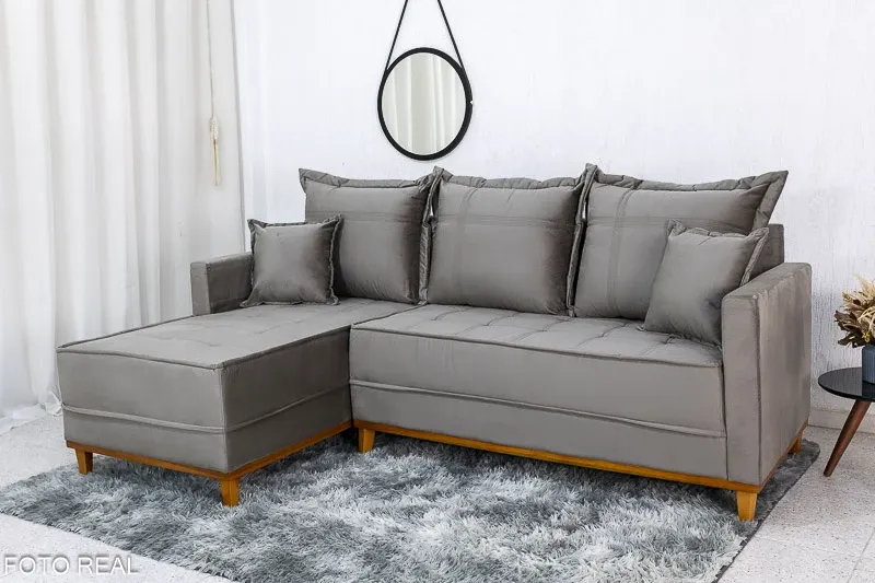 Sofá 3 Lug. Com Chaise Milão Larg. 2.30m Veludo Cinza 813 - Molas Ensacadas