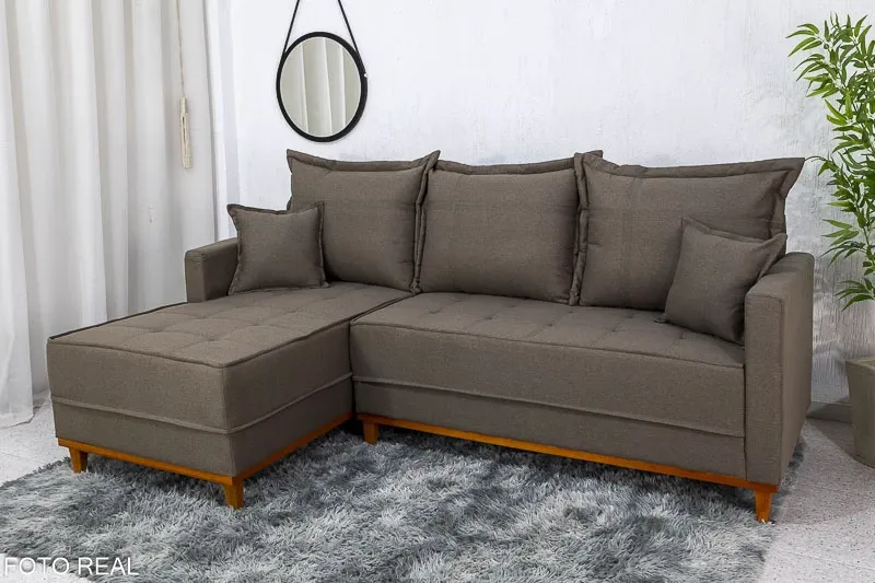 Sofá 3 Lug. Com Chaise Milão Larg. 2.30m Linho Marrom 1007 - Molas Ensacadas