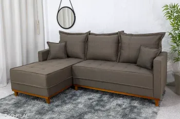 Sofá 3 Lug. Com Chaise Milão Larg. 2.30m Linho Marrom 1007 - Molas Ensacadas