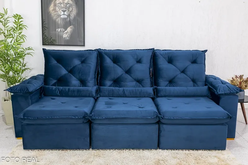 Sofá Retrátil Reclinável 2.70m Roma Veludo Azul 03 - D28 Soft Imagem