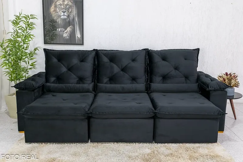 Sofá Retrátil Reclinável 2.70m Roma Veludo Preto 21 - D28 Soft Imagem