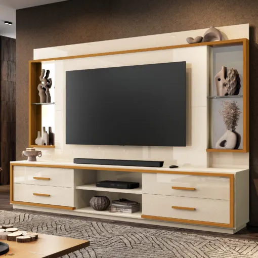 Home Theater até 75” Leni Off White/Cedro Natural – EDN MÓVEIS Imagem