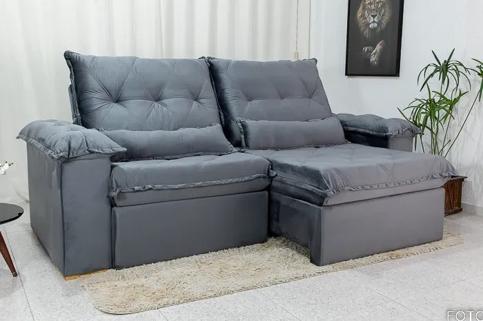 Sofá Retrátil Reclinável Califórnia 2.50m Veludo 526 Cinza - D28 Hiper soft Imagem