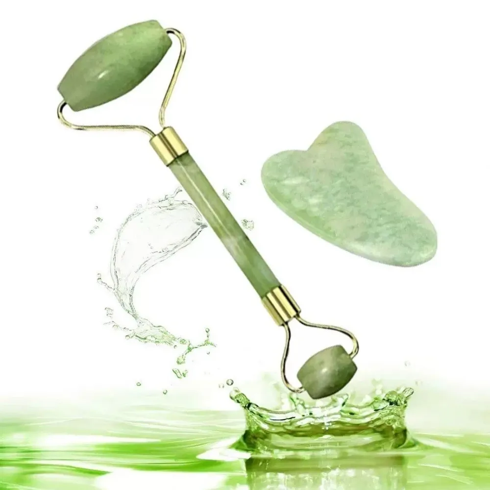 Kit Rolo Massageador + Placa Facial Pedra de Jade - Verde Imagem