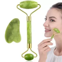 Kit Rolo Massageador + Placa Facial Pedra de Jade - Verde - Foto 2