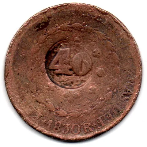 1830R - 80 Réis c/ Carimbo geral de 40 - Moeda Brasil Império