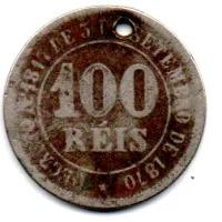 18?? - 100 Réis - Moeda Brasil Império - UTG - C/ Furo - Foto 2