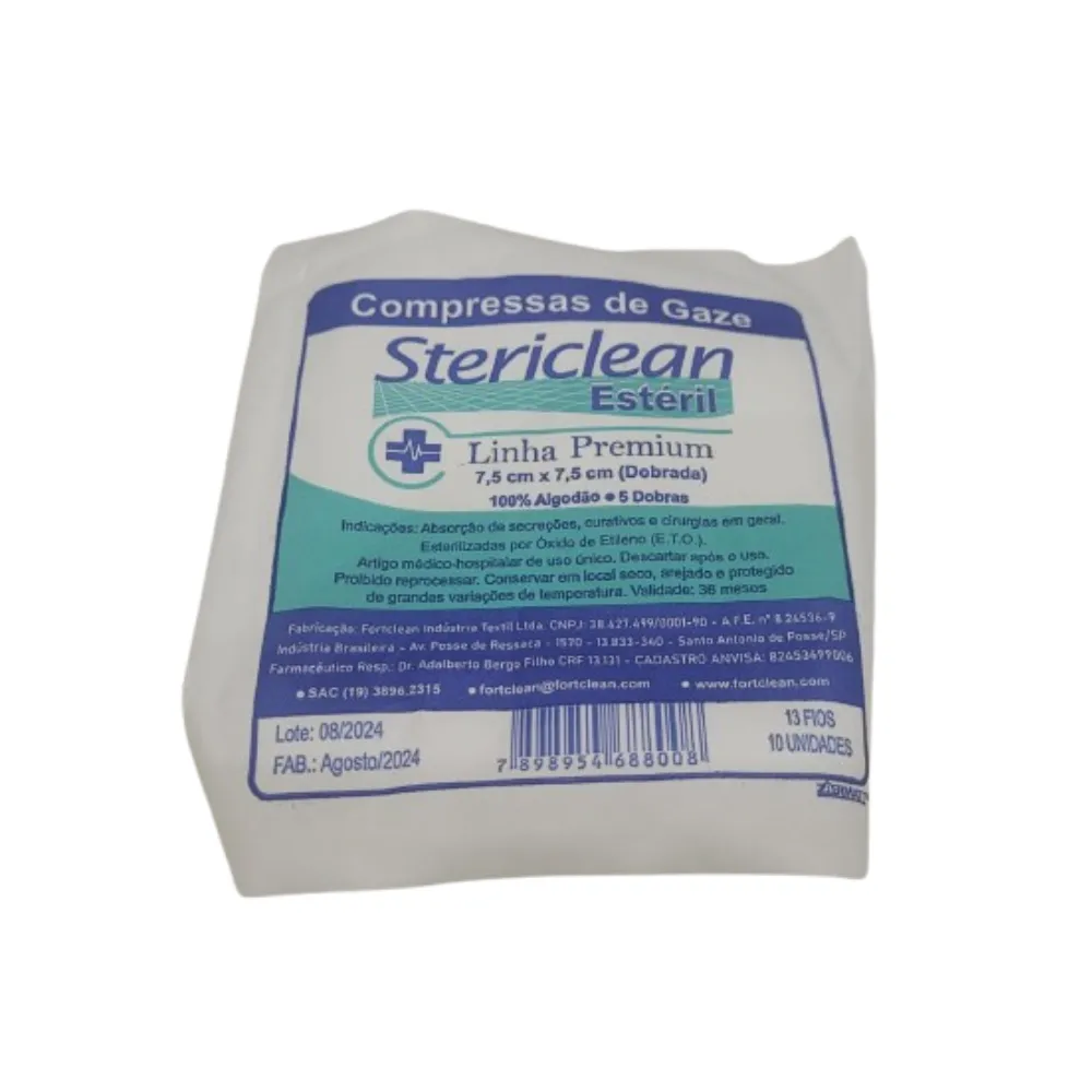Compressas de Gaze Estéril 13 Fios 7,5x7,5 STERICLEAN