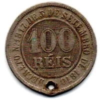1888 - 100 Réis - Moeda Brasil Império - C/ Furo - Foto 2